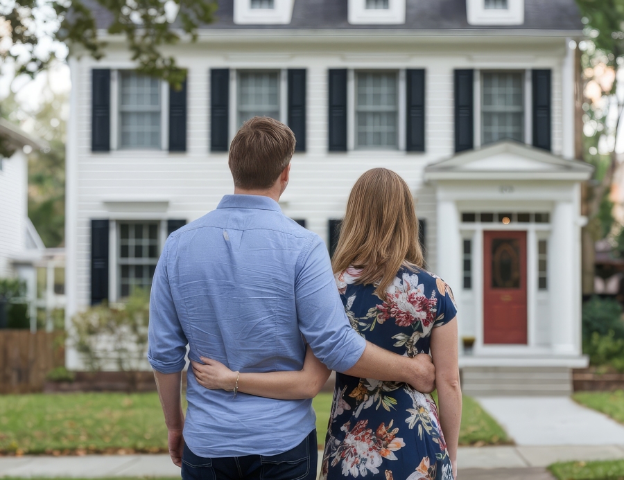 A couple stands arm in arm, facing a white two-story house with black shutters and a red front door.